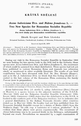 Avena Ludoviciana Dur. and Bidens Frondosus L. - Two New Species for Romanian Socialist Republic
