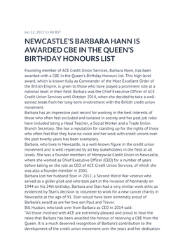 Newcastle's Barbara Hann Is Awarded Cbe in the Queen's