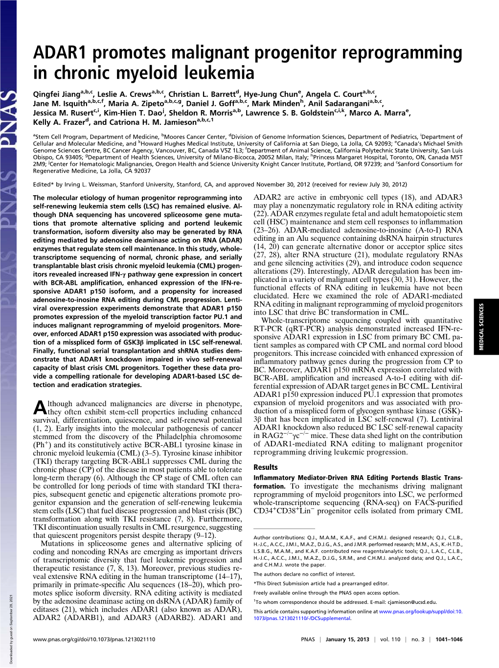 ADAR1 Promotes Malignant Progenitor Reprogramming in Chronic Myeloid Leukemia