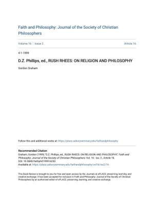 D.Z. Phillips, Ed., RUSH RHEES: on RELIGION and PHILOSOPHY