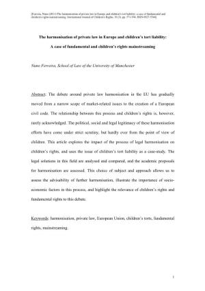 The Harmonisation of Private Law in Europe and Children's Tort Liability: a Case of Fundamental and Children's Rights Mainstreaming