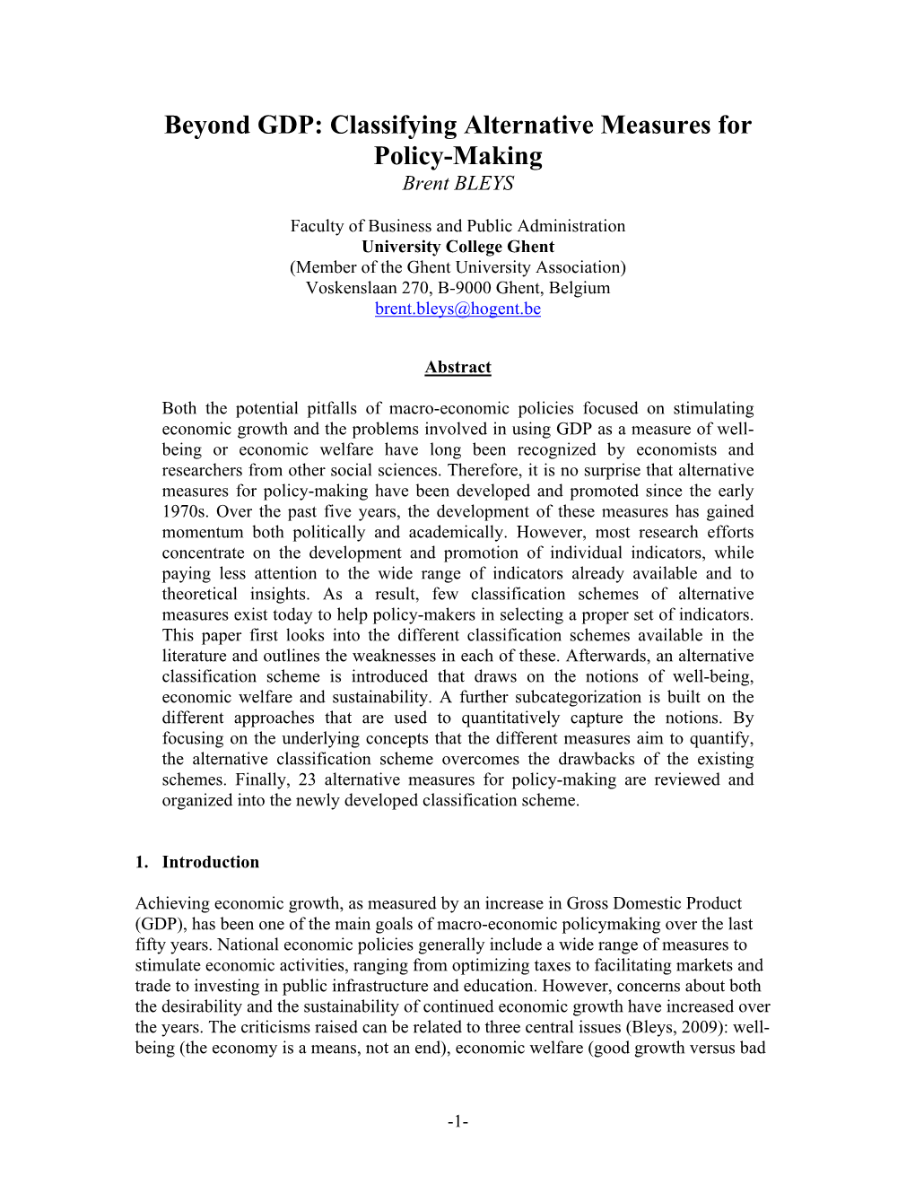 Beyond GDP: Classifying Alternative Measures for Policy-Making Brent BLEYS