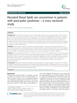Elevated Blood Lipids Are Uncommon in Patients with Post-Polio Syndrome – a Cross Sectional Study Eva Melin1*, Thomas Kahan2 and Kristian Borg1