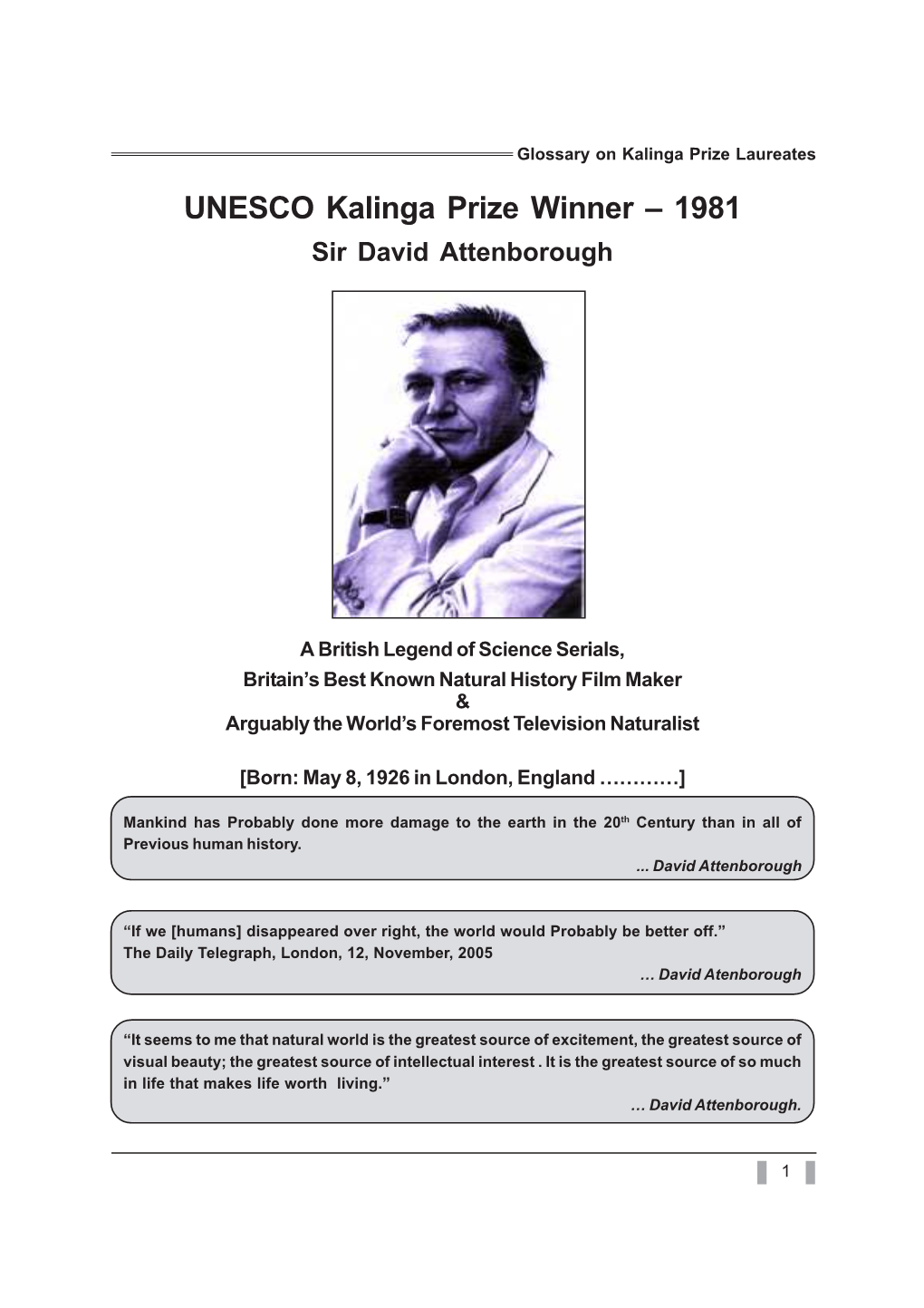 UNESCO Kalinga Prize Winner – 1981 Sir David Attenborough