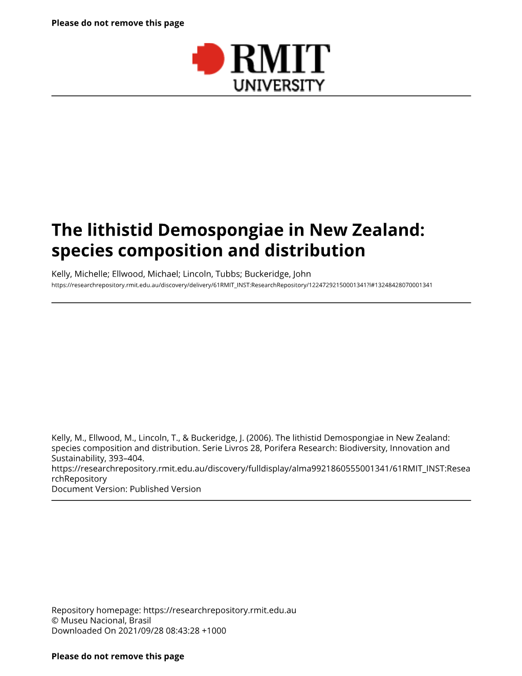 The Lithistid Demospongiae in New Zealand: Species Composition and Distribution