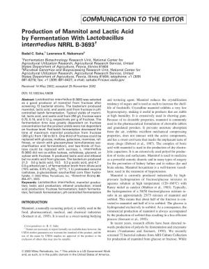 Production of Mannitol and Lactic Acid by Fermentation with Lactobacillus Intermedius NRRL B-3693†