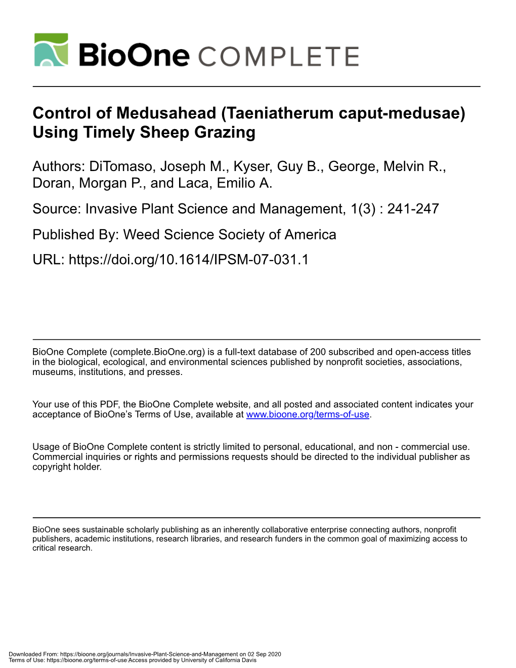 Taeniatherum Caput-Medusae) Using Timely Sheep Grazing