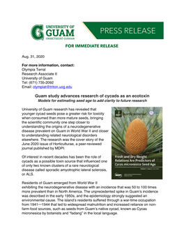 Guam Study Advances Research of Cycads As an Ecotoxin Models for Estimating Seed Age to Add Clarity to Future Research
