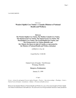 Wuskwi Sipihk Cree Nation V. Canada (Minister of National Health and Welfare)