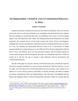 Developmentalism: a Friend Or a Foe to Constitutional Democracy in Africa