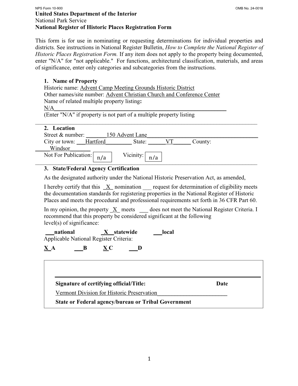 1 United States Department of the Interior National Park Service National Register of Historic Places Registration Form This