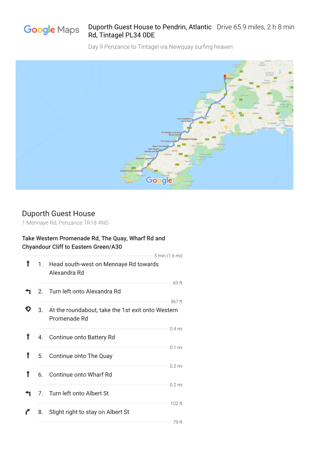 Duporth Guest House to Pendrin, Atlantic Rd, Tintagel PL34 0DE - Google Maps