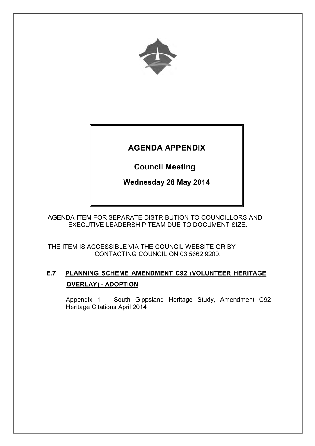 AGENDA APPENDIX Council Meeting