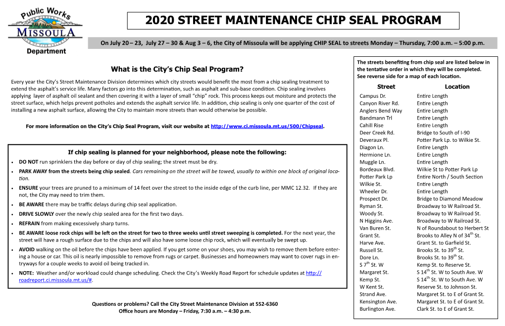 2020 Street Maintenance Chip Seal Program