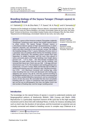 Breeding Biology of the Sayaca Tanager (Thraupis Sayaca)In Southeast Brazil A