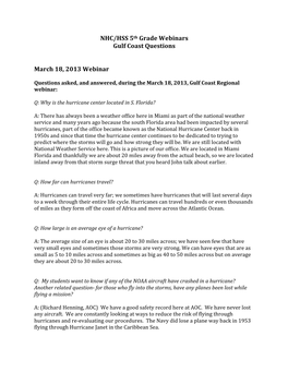NHC/HSS 5Th Grade Webinars Gulf Coast Questions March 18, 2013