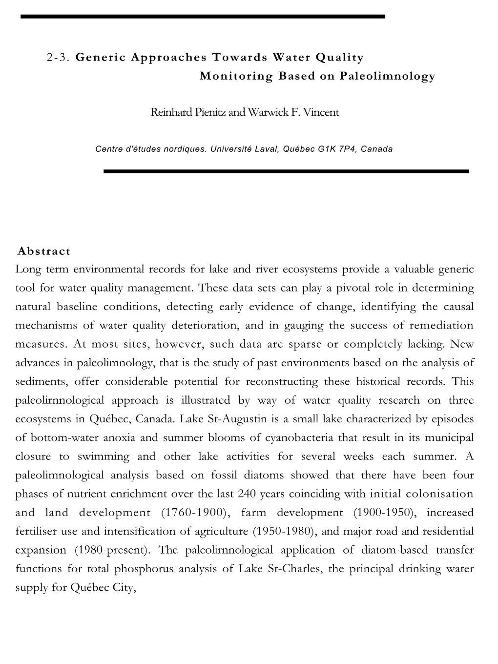 2-3. Generic Approaches Towards Water Quality Monitoring Based on Paleolimnology