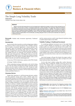 The Simple Long Volatility Trade Chaturvedi V* Chaudhary Charan Singh University, Meerut, India