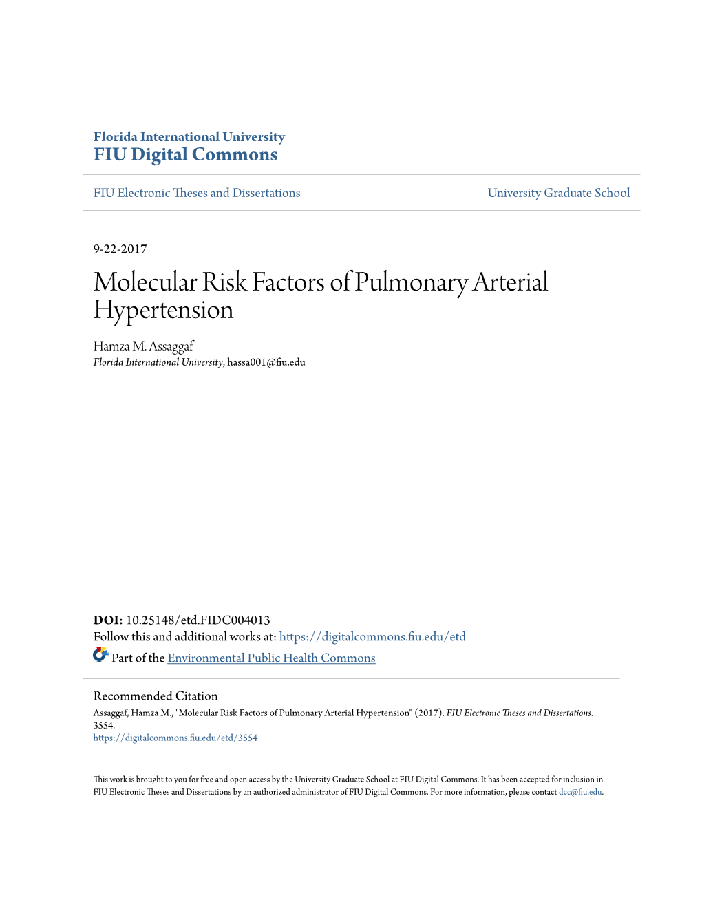 Molecular Risk Factors of Pulmonary Arterial Hypertension Hamza M