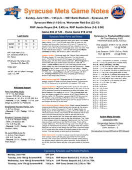 June 13Th Syracuse Mets Game Notes Vs. Worcester Red