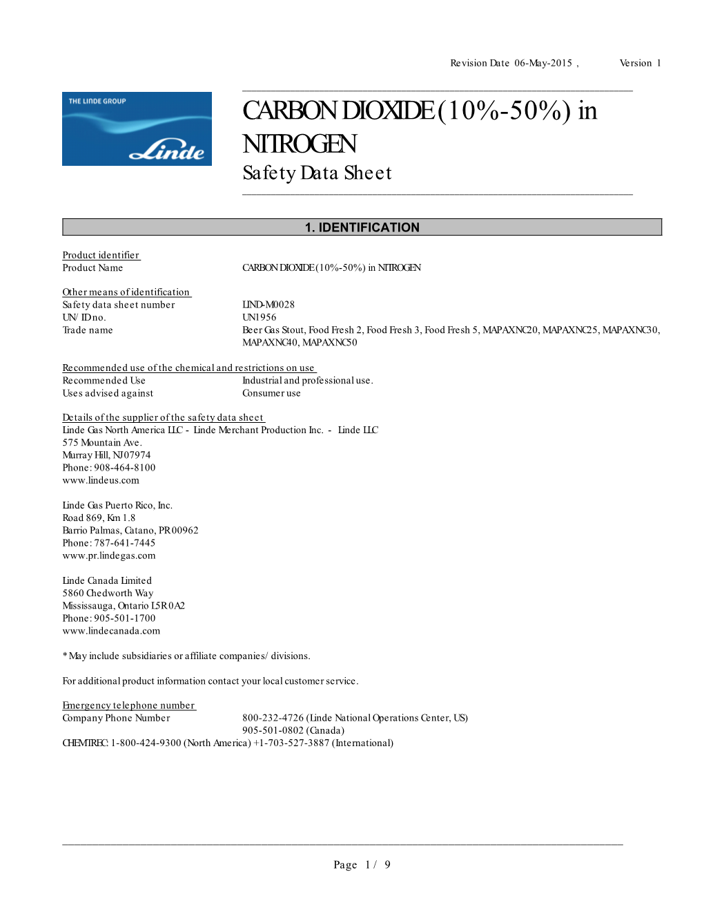 CARBON DIOXIDE (10%-50%) in NITROGEN Safety Data Sheet ______