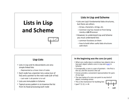 Lists in Lisp and Scheme • Lists Are Lisp’S Fundamental Data Structures, Lists in Lisp but There Are Others – Arrays, Characters, Strings, Etc