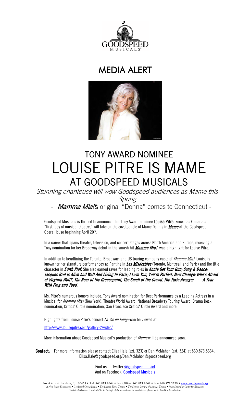 LOUISE PITRE IS MAME at GOODSPEED MUSICALS Stunning Chanteuse Will Wow Goodspeed Audiences As Mame This Spring - Mamma Mia!’S Original “Donna” Comes to Connecticut