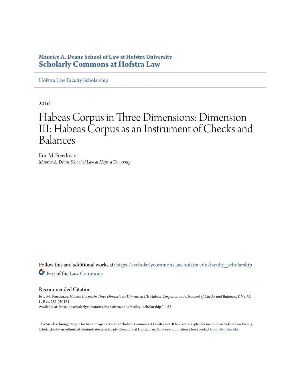 Dimension III: Habeas Corpus As an Instrument of Checks and Balances Eric M