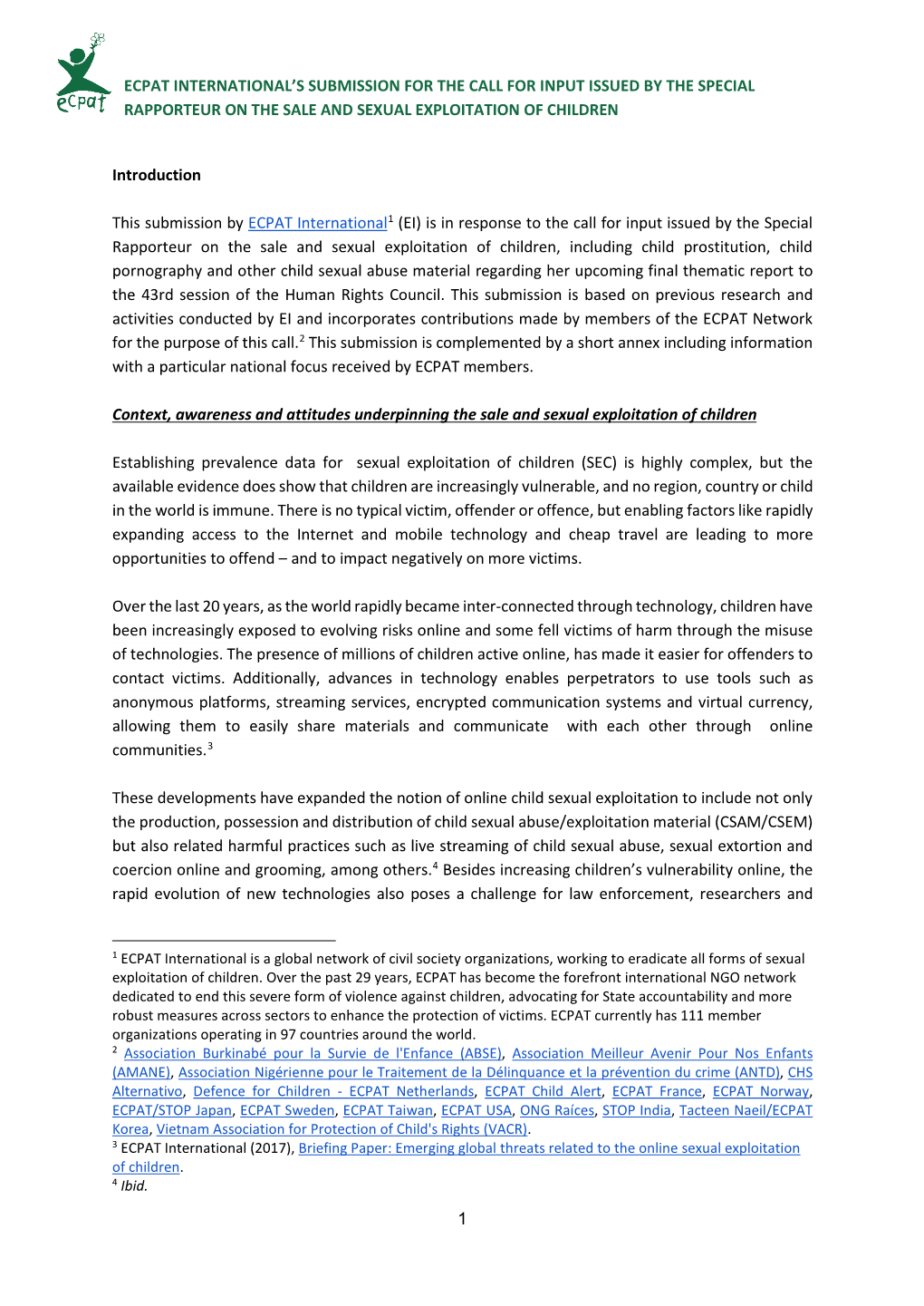 Ecpat International's Submission for the Call for Input Issued by the Special Rapporteur on the Sale and Sexual Exploitation O
