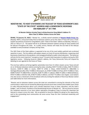 Nexstar Inc. to Host Statewide Live Telecast of Texas Governor’S 2021 “State of the State” Address and a Democratic Response St on February 1 at 7 Pm