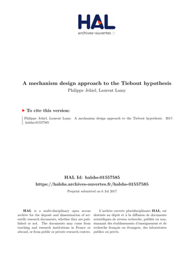 A Mechanism Design Approach to the Tiebout Hypothesis Philippe Jehiel, Laurent Lamy