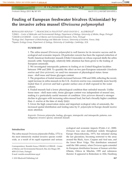 Fouling of European Freshwater Bivalves (Unionidae) by the Invasive Zebra Mussel (Dreissena Polymorpha)