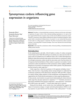 Synonymous Codons Influencing Gene Expression in Organisms