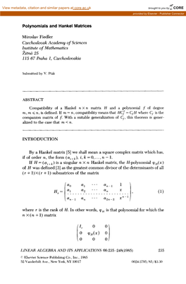 Polynomials and Hankel Matrices