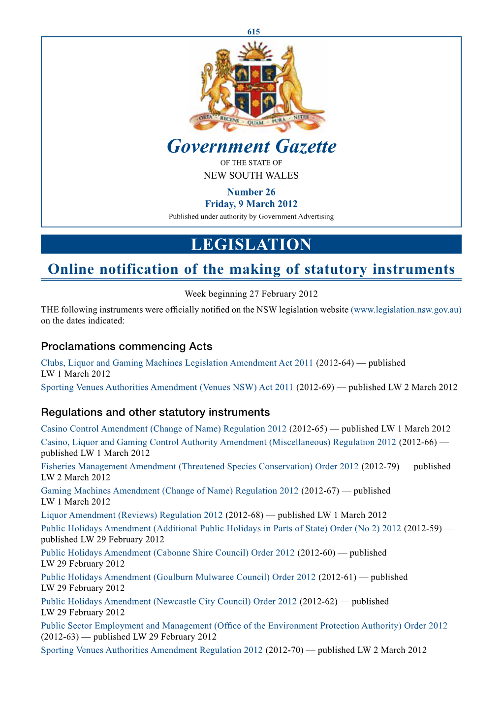 Government Gazette of the STATE of NEW SOUTH WALES Number 26 Friday, 9 March 2012 Published Under Authority by Government Advertising
