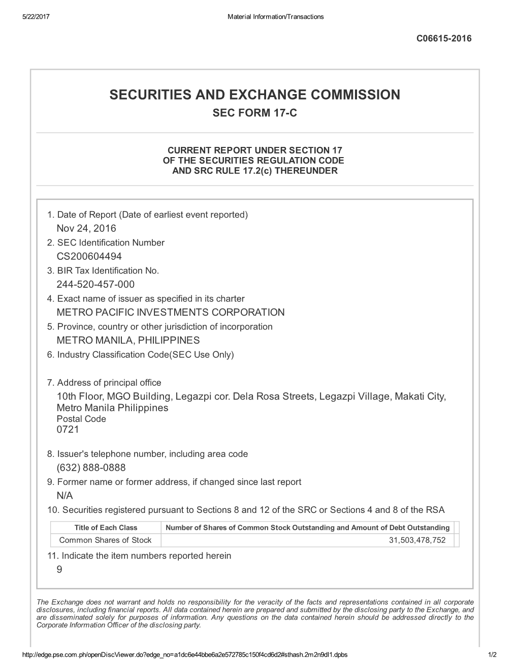 Securities and Exchange Commission Sec Form 17­C