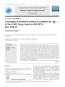Genotyping of Uncultured Archaea in a Polluted Site of Suez Gulf, Egypt, Based on 16S Rrna Gene Analyses