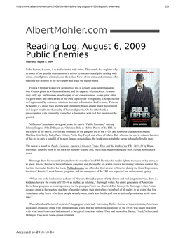 Albertmohler.Com – Reading Log, August 6, 2009 Public Enemies