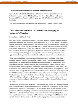 The Chinese of Karimun: Citizenship and Belonging at Indonesia's Margins