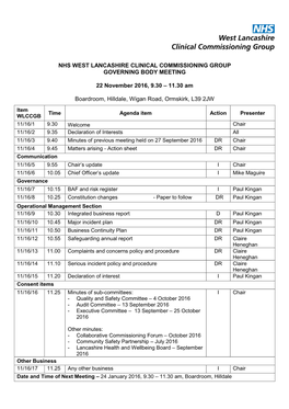 NHS WEST LANCASHIRE CLINICAL COMMISSIONING GROUP GOVERNING BODY MEETING 22 November 2016, 9.30 – 11.30 Am Boardroom, Hilldale
