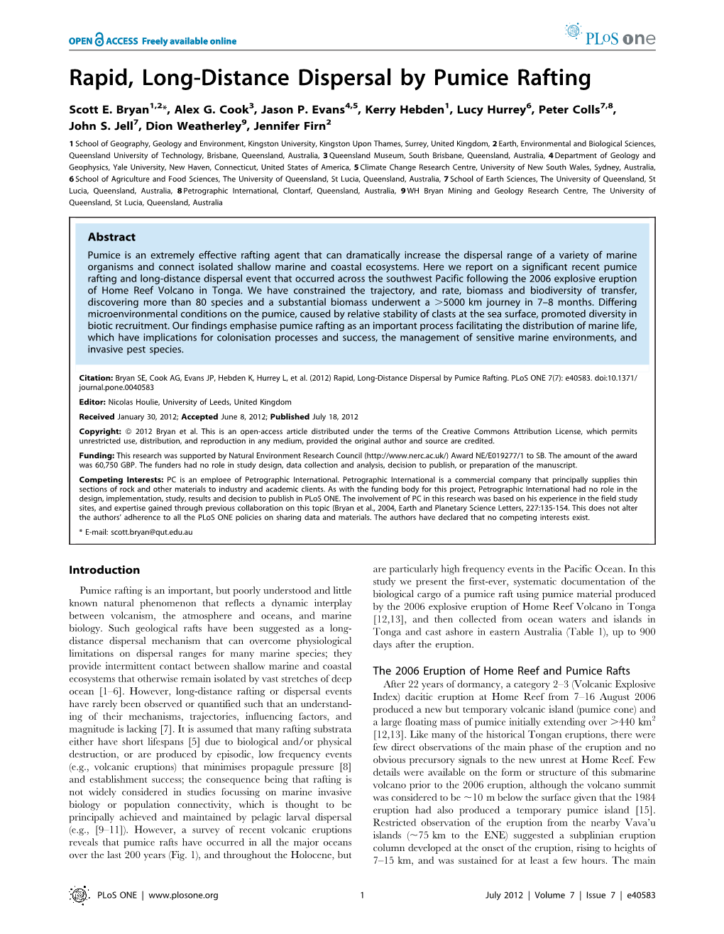 Rapid, Long-Distance Dispersal by Pumice Rafting