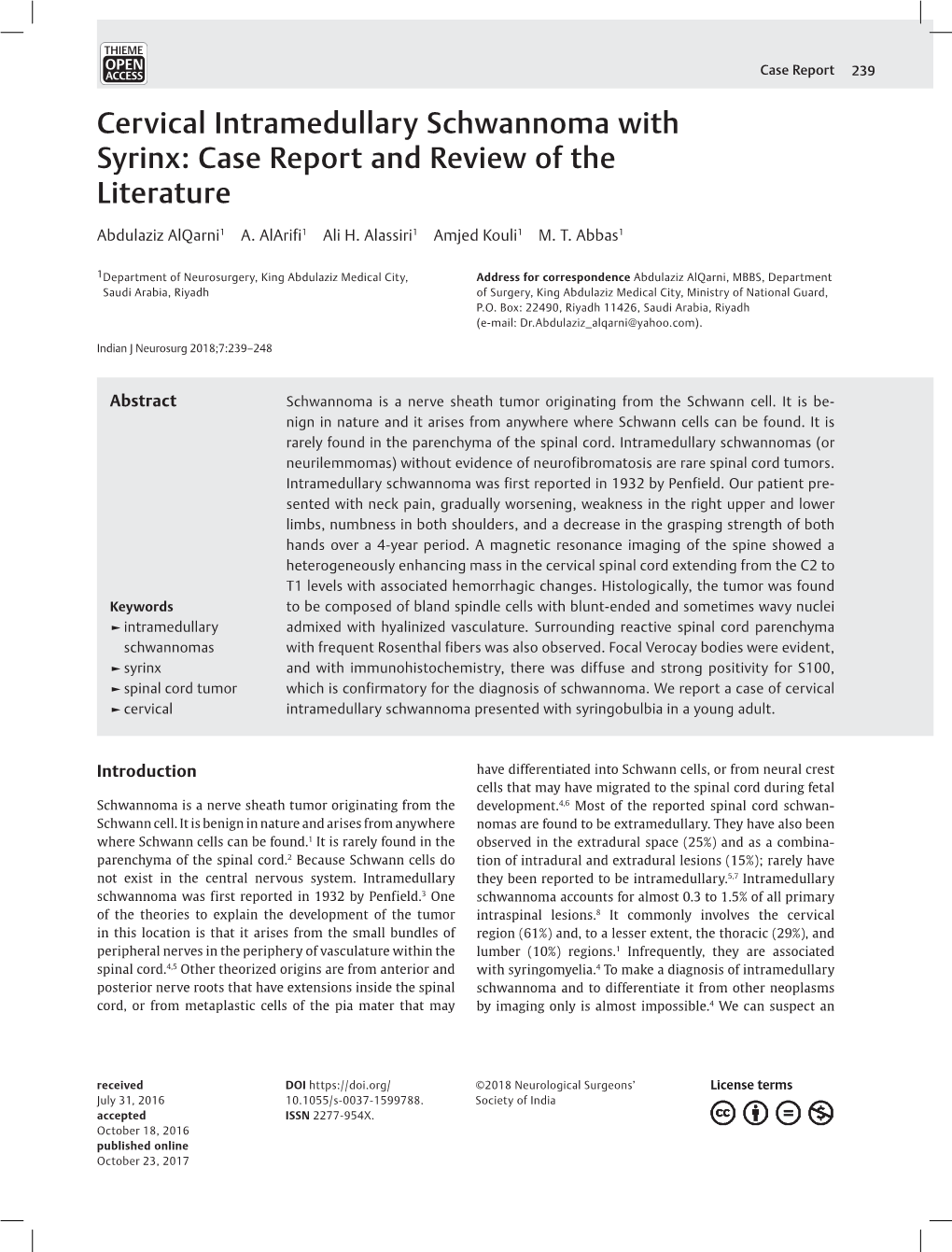 Cervical Intramedullary Schwannoma with Syrinx: Case Report and Review of the Literature