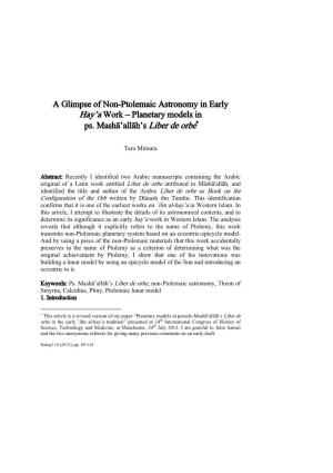 A Glimpse of Non-Ptolemaic Astronomy in Early Hay'a Work – Planetary Models in Ps. Mashā'allāh's Liber De Orbe