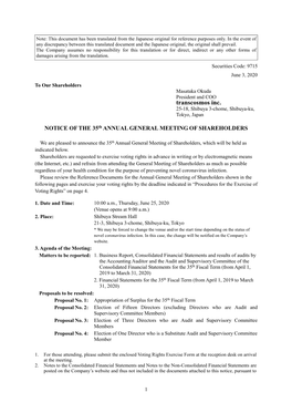 NOTICE of the 35Th ANNUAL GENERAL MEETING of SHAREHOLDERS