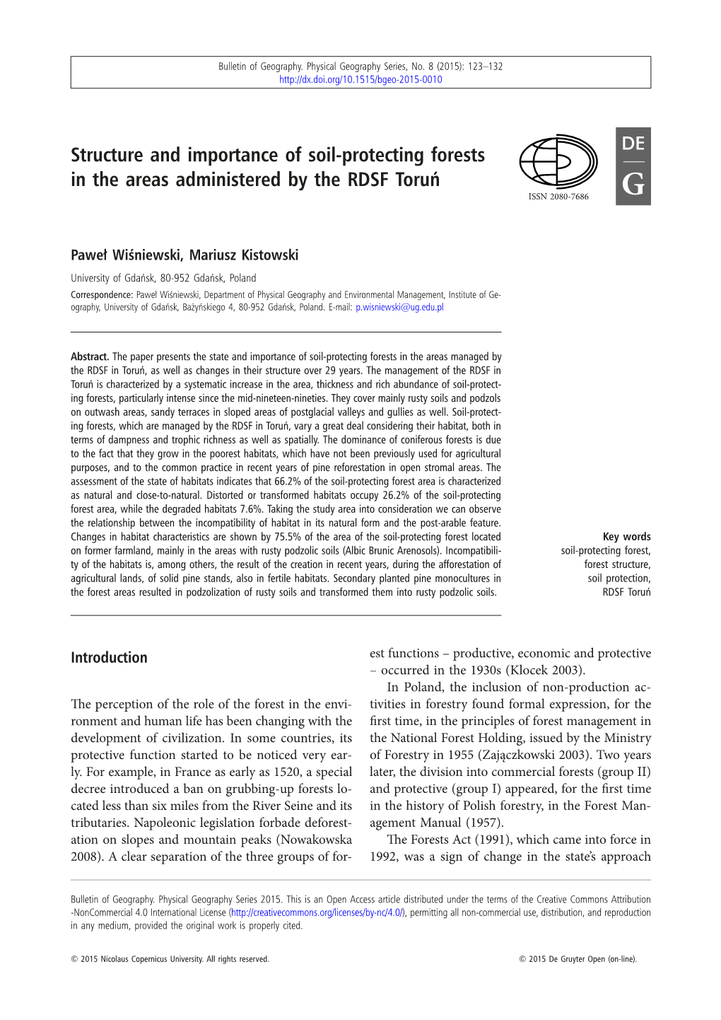 Structure and Importance of Soil-Protecting Forests in the Areas Administered by the RDSF Toruń ISSN 2080-7686