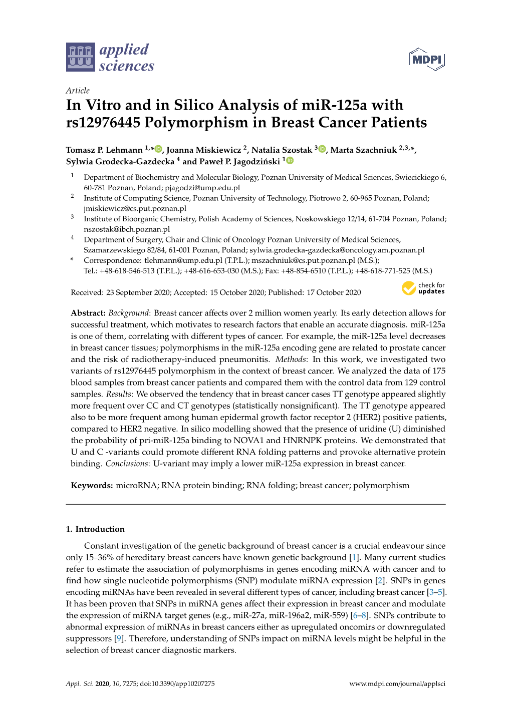 In Vitro and in Silico Analysis of Mir-125A with Rs12976445 Polymorphism in Breast Cancer Patients