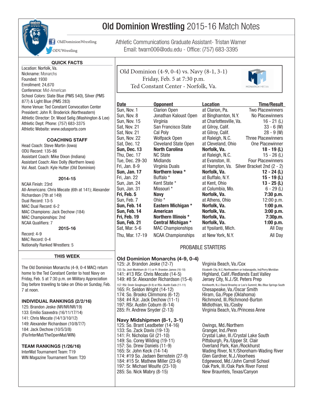 Old Dominion Wrestling 2015-16 Match Notes