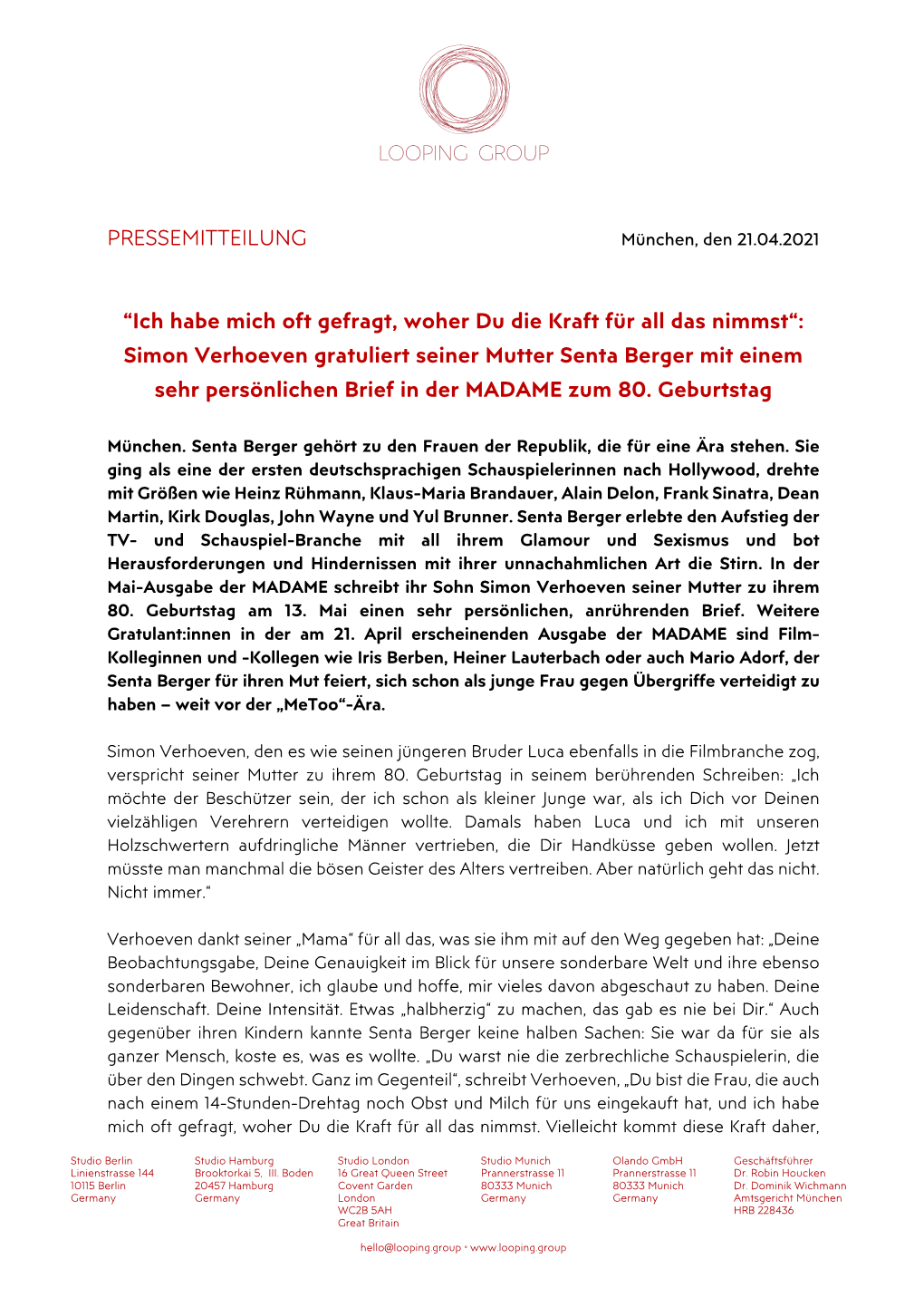 Simon Verhoeven Gratuliert Seiner Mutter Senta Berger Mit Einem Sehr Persönlichen Brief in Der MADAME Zum 80