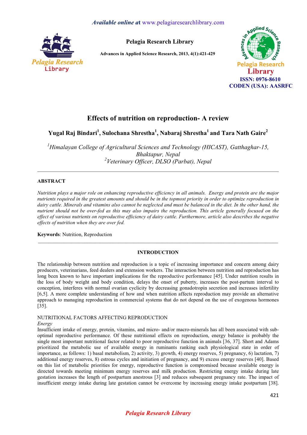 Effects of Nutrition on Reproduction- a Review