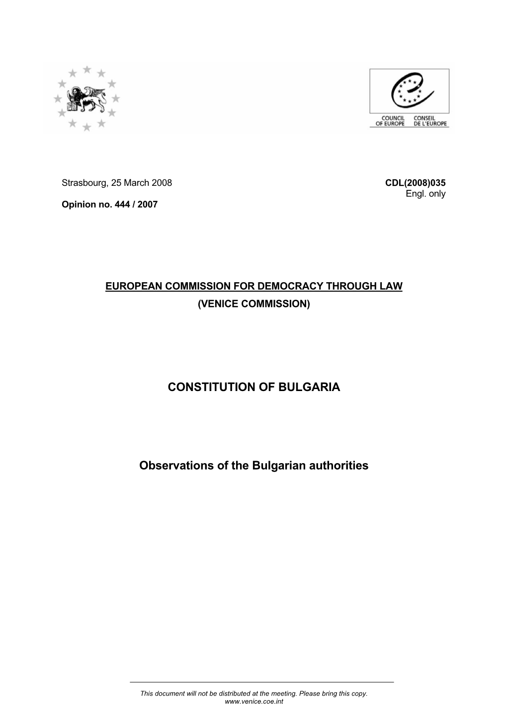 CONSTITUTION of BULGARIA Observations of the Bulgarian